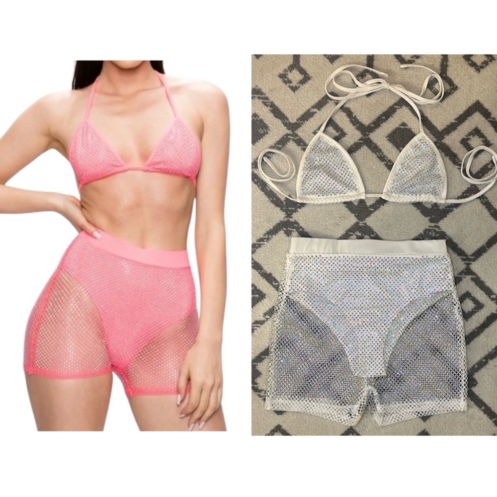 Banjul White Rhinestone Bikini Top and Mesh Shorts Set Sz S